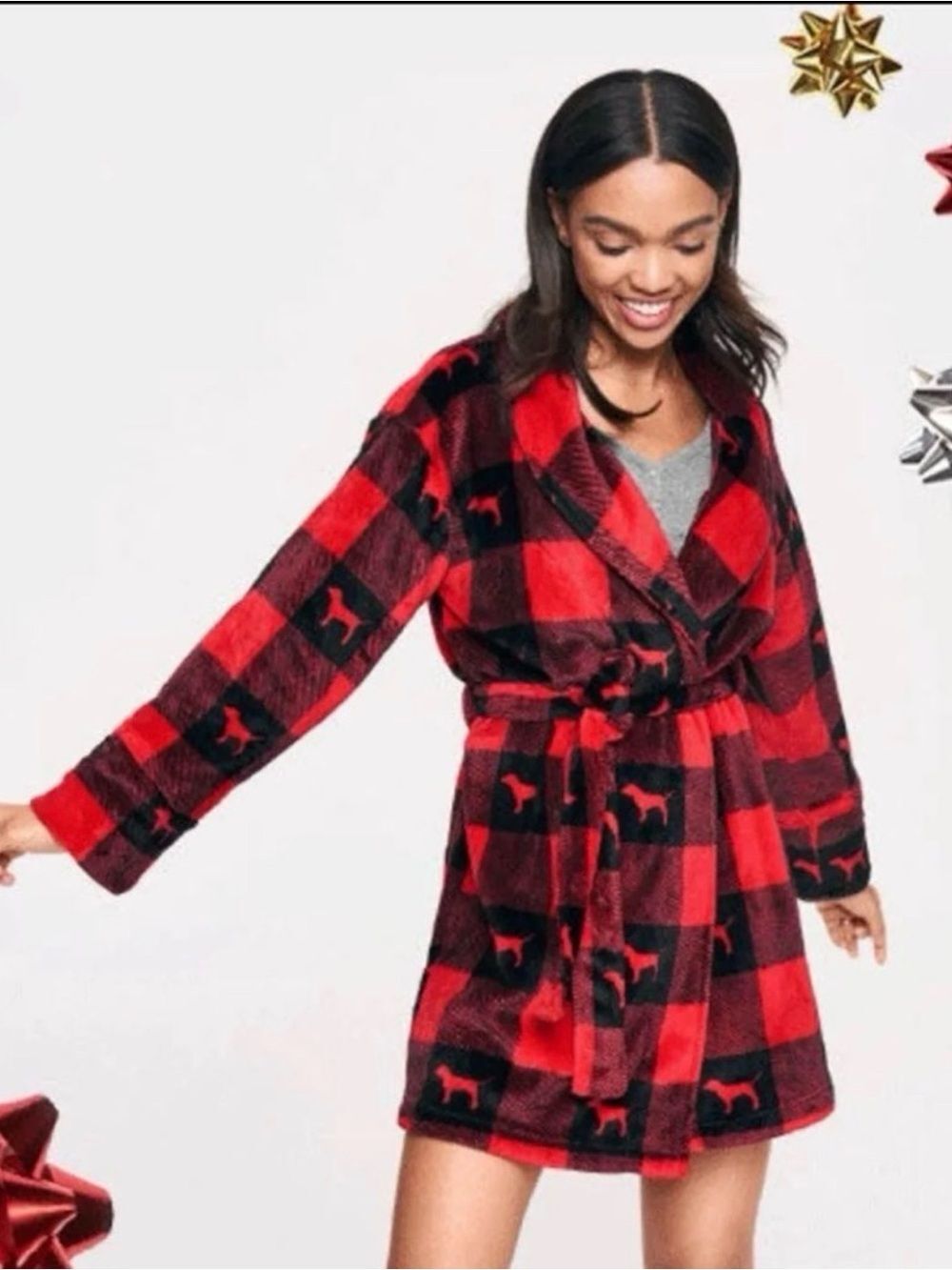NWT Victoria's Secret Pink RED PLAID DOGY Soft Fleece Plush Robe XS/S Cozy
